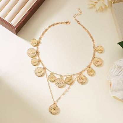 Gold Pirate Necklace for Women Layered Stack Charm Necklace Coin Pendant Necklaces Chunky Pirate Necklaces Pirates Costume Jewelry Accessories - color: gold3