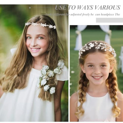 Wecoe Flower Girl Headpieces 2pcs Silver Rhinestone Pearl Headbands Wedding Bridal Flower Girl Hair Accessory Princess Hair Accessories for Birthday, Party, First Communion, Baptism - color: Silver C