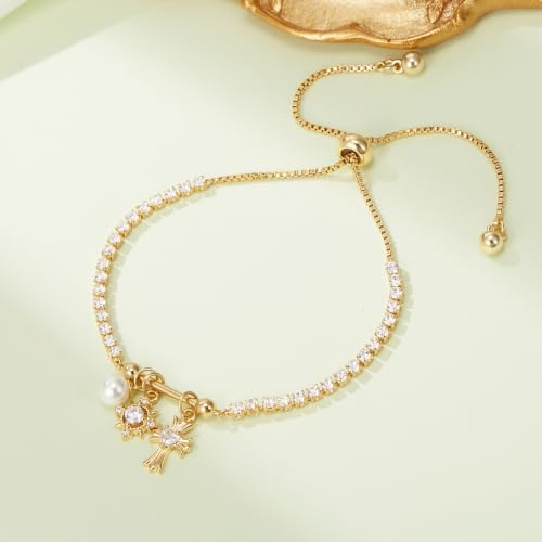 FANZE Gold Plated Cubic Zirconia Tennis Bracelets for Women Dainty Trendy Adjustable Bracelet Jewelry Gift for Ladies Wedding Mother Birthday Anniversary - style: Gold Charm
