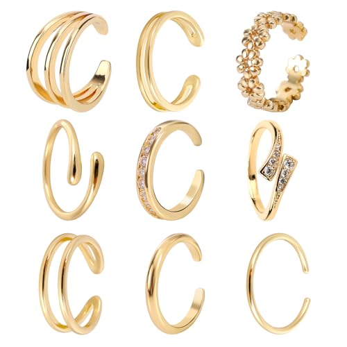 Mikovivi 9pcs Toe Rings for Women, 9 Styles Non Tarnish Adjustable CZ Flower Hug Band Open Toe Rings Set Dainty Foot Jewelry Accessories for Women Summer Beach Party - color: Gold