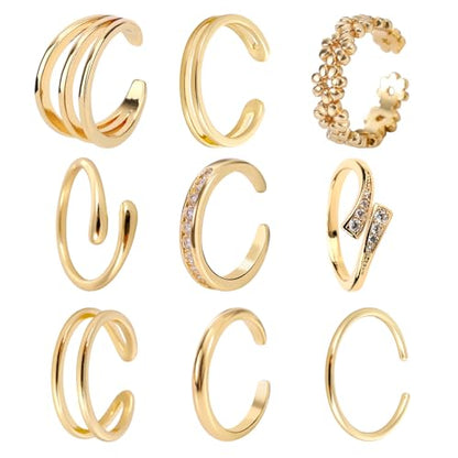 Mikovivi 9pcs Toe Rings for Women, 9 Styles Non Tarnish Adjustable CZ Flower Hug Band Open Toe Rings Set Dainty Foot Jewelry Accessories for Women Summer Beach Party - color: Gold
