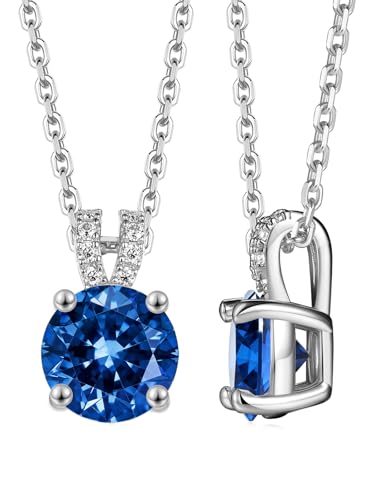 CYW Genuine Sapphire/Emerald/Ruby/Moissanite Necklace for Women, Really Authentic Solid 925 Sterling Silver, 16"/18"/20" Adjustable Chain, Anniversary Mother's Day Valentines Gift - color: Sapphire - Round - White Gold, size: 8mm