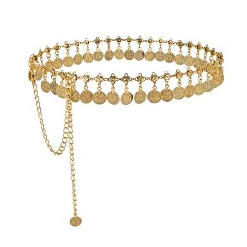 CHIC DIARY Metal Chain Belt for Women Coin Belly Link Tassel Belt for Dress | Boho Style Coin Pendant Tassel Belt Gold/Silver Adjustable Concho Belly Dance Belts for Dresses Skirts Jeans - color: Gold