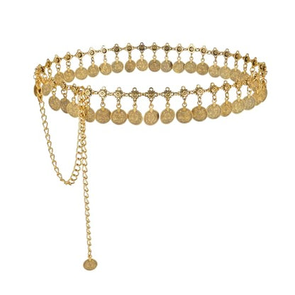 CHIC DIARY Metal Chain Belt for Women Coin Belly Link Tassel Belt for Dress | Boho Style Coin Pendant Tassel Belt Gold/Silver Adjustable Concho Belly Dance Belts for Dresses Skirts Jeans - color: Gold
