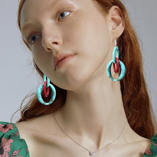Bohemian Simplicity Acrylic Geometry Oval Circle Dangle Drop Earrings Lightweight Resin Chain Hook Earrings For Women - color: Blue Red