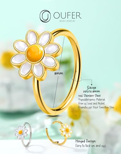 OUFER Nose Rings Hoops, 316L Surgical Steel Hinged Segment Nose Rings 20G, Silver Gold Nose Rings with Cute Daisy Design, Nose Nostril Piercing Jewelry for Women and Men - color: Gold