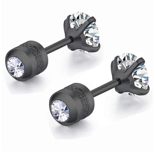 5 Pairs Titanium Screw Back Stud Earrings Set for Sensitive Ears, Hypoallergenic Surgical Stainless Steel Double Sided Round Cubic Zirconia Earrings for Women Men - color: 5pcs black stud set