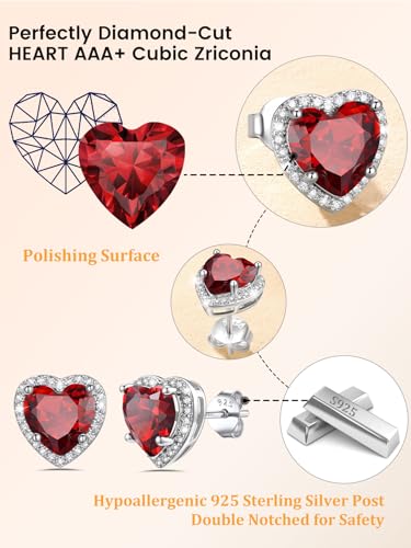 Bestyle Authentic 925 Sterling Silver 2 Carat Birthstone Earrings for Women, More Sparkle Heart/Round Solitaire Diamond Studs Earrings, Great Birthday/Christmas/Anniversary Jewelry for Wife Mother - color: 01. Jan. Garnet-Heart