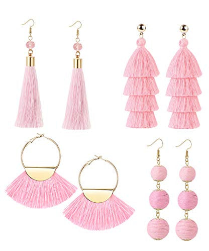 4Pairs Tassel Earrings For Women Fan Shape Tassel Earrings Long Thread Tassel Earrings Bohemian Fringe Drop Handmade Earrings - style: 4 Pink