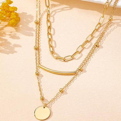 14K Gold Layered Necklaces for Women Trendy Small Bead Tube Polish Coin Pendant Choker Paperclip Chain Necklace Statement Accessory Jewelry Set Gift