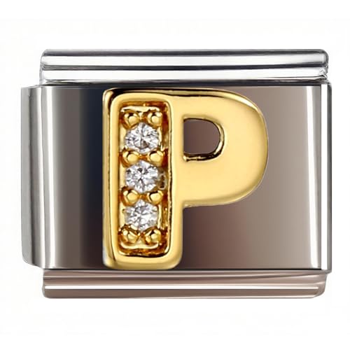 9MM Diamond Golden Letter Charm for Italian Charm Bracelet,DIY Italian Module Chain for Women - style: Letter-P