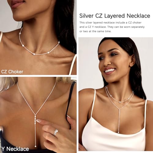 Zeffy Lariat Gold Necklace for Women, Dainty Long Necklace 14k Gold/Silver Plated Layered CZ Beaded Bar Chain Y-Shaped Body Chain Stack Drop Wedding Necklace Trendy Simple Gold Jewelry Gifts - color: Silver CZ Layered Y Necklace(2PCS)