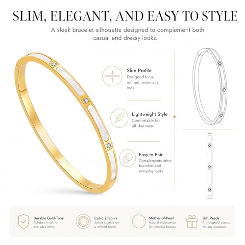 ZEZE++ Gold cuff bracelets for women - Mother of Pearl and Cubic Zirconia Bangle, High Polished Stainless Steel, Perfect for Wedding, Party, and Gift for Her - color: Gold