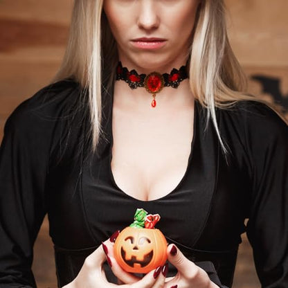 Lace Choker Witch Necklace for Women Halloween Gothic Lace Collar Punk Rhinestone Gothic Necklace Prom Jewelry Halloween Vampire Choker Necklace Costume Emo Witch Accessories - color: Red
