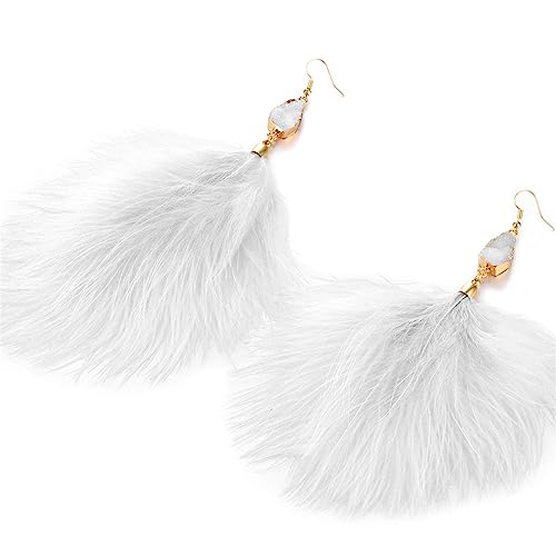 Feather Earrings for Women Boho Bohemian Style Tassel Fringe Statement Drop | Boho Tassel Fringe Statement Drop Earrings Dangle with Bohemian Vibe for Summer Beach Vacation Cruise Festival Outfit - color: White