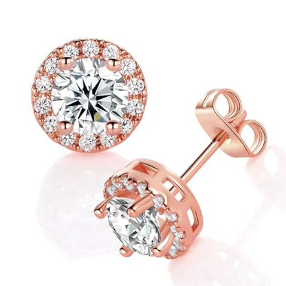 MDFUN Halo Stud Earrings 18K Gold Plated 5A+ Cubic Zirconia Round Earrings Hypoallergenic Ears Jewelry for Women Men - color: Rose Gold