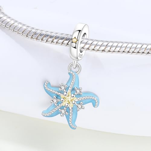 925 Sterling Silver Charms Bead for Bracelets Necklaces, Star Moon Crescent Sun Solar Pendent, Blue Ocean Starfish Shells Turtle Crab Starry Sea Cute Jewelry Birthday Gifts for Women Men - style: Starfish charms