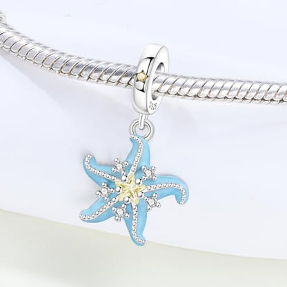 925 Sterling Silver Charms Bead for Bracelets Necklaces, Star Moon Crescent Sun Solar Pendent, Blue Ocean Starfish Shells Turtle Crab Starry Sea Cute Jewelry Birthday Gifts for Women Men - style: Starfish charms