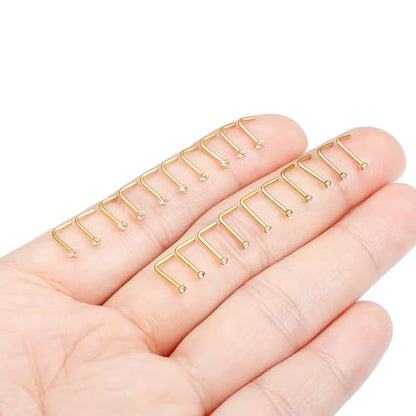 Hoeudjo Nose Studs Surgical Steel Cubic Zirconia Nose Rings Kit for Women Men Tiny Nose Stud Screw & Bone & L Shaped Nostril Piercing Jewelry 24-18 Gauge 20 Pieces Set - color: gold-tone,L-shaped nose studs, size: 20g/1.5mm clear CZ