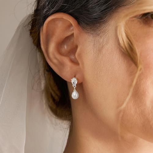 Gold Earrings for Women Trendy, Dainty Dangle Earrings 14K Gold Plated Drop Earrings Cute Wedding Earrings Fashion Prom Bridal Jewelry Gifts - color: Silver LX Pearl