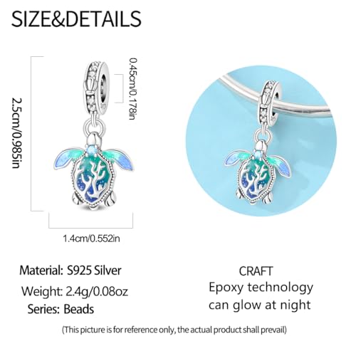 925 Sterling Silver Charms for Bracelets and Necklaces Beads Jewelry Charms for Women - color: Glow in the Dark Sea Turtle Charms