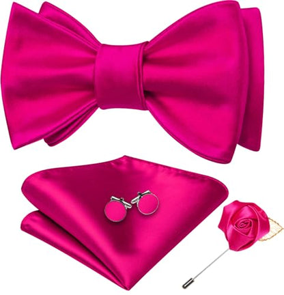 YOHOWA Bow Ties for Men Self-tied Silk Bowtie Solid Color with Lapel Pin and Handkerchief Cufflinks for Wedding Party Prom - color: Soild Hot Pink