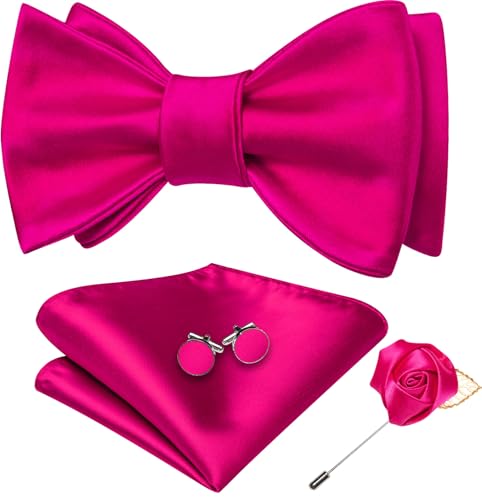 YOHOWA Bow Ties for Men Self-tied Silk Bowtie Solid Color with Lapel Pin and Handkerchief Cufflinks for Wedding Party Prom - color: Soild Hot Pink
