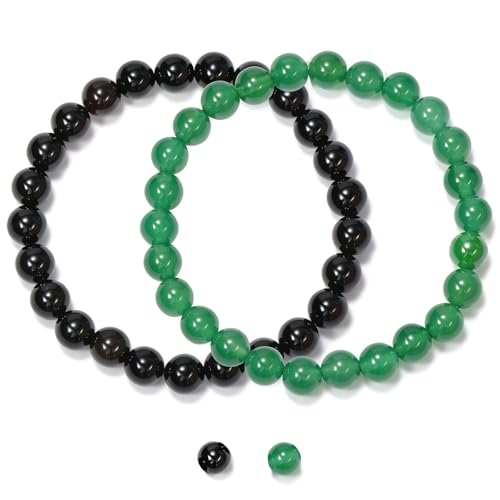 2PCS Agate Bracelet for Women Men Natural Round Beaded Agates Stone Healing Stretch Bracelets Elastic Handmade Polished Gemstone Beads Bracelet - color: Black+Green, size: 8mm Beads