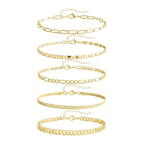 Fesciory 14K Gold Ankle Bracelets for Women, Layered Stackable Anklet Set | 6 Pcs Anklet Set, Layered Ankle Bracelet, Cuban Link Design, Stackable Plus Size, Adjustable Fit, Summer Beach Jewelry - color: Set1-Gold 5Pcs