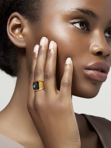 KeyStyle Square Gemstone Signet Rings for Men, Personalized Stainless Steel Pinky Ring with Black Onxy Blue Topaz Birthstone Statement Ring - color: Gold -Black Onyx - 15mm