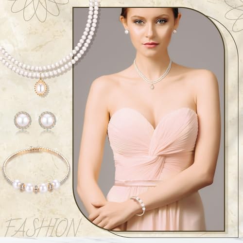Glenmal Pearl Rhinestone Jewelry Set for Women Pearl Necklace Bracelet Earrings for Wedding Halloween Bridal Shower Tea Party - style: Delicate Style
