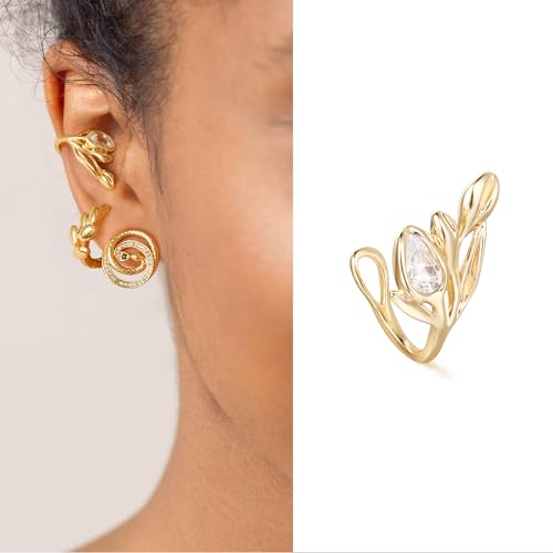 Women Ear Cuff Earring Gold Non Pierced Ear Cartilage Clip on Wrap Hoop 14K Gold Filled Tiny Boho Beach Simple Minimalist Delicate Handmade Hypoallergenic Jewelry Gift-Sold as Single/Pair - style: Tulip Flower