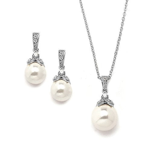 Mariell Pearl Drop Bridal Necklace Earrings Set with CZ Crystals for Bride, Bridesmaid, Birthday Gift - color: Silver Necklace Earrings Set