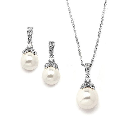 Mariell Pearl Drop Bridal Necklace Earrings Set with CZ Crystals for Bride, Bridesmaid, Birthday Gift - color: Silver Necklace Earrings Set