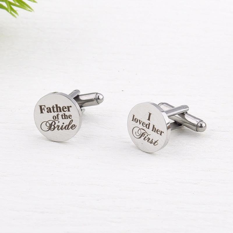 Silver Cufflinks for Men Wedding Engagement Gifts for Him Cuff Links 2Pcs Round Stainless Steel Engraved Cufflink for Shirt - color: I Loved Her First