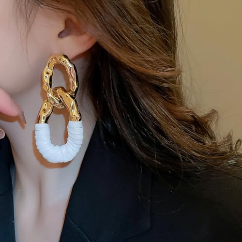 Chunky Gold Acrylic Chain Statement Earrings for Women,Exaggerated Thick Chain Artificial Leather Wrap Dangle Earrings Trendy Geometric Ear Jewelry - color: White