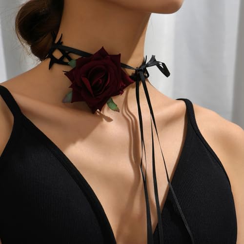 Fesciory Black Necklaces for Women, Adjustable Layered Velvet Leather Lace Collar Necklace, Goth Jewelry Gifts. - color: Rose
