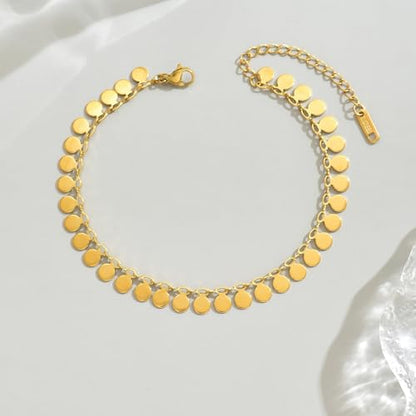18K Gold Plated Ankle Bracelets for Women Dainty Star Coin Teardrop Square Tassel Anklets Cute Dangle Foot Chain Stainless Steel Beach Foot Jewelry - style: Coin Tassel-Gold