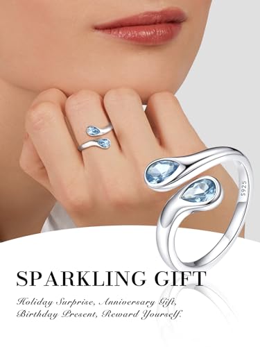 Bestyle Silver Birthstone Ring for Women, Dainty Sterling Silver Teardrop Ring Open Adjustable Band Ring, Love Statement TOI et Moi Ring Promise Ring for Her - color: 03.March( Aquamarine)