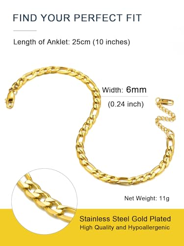 ChainsPro Resizable Anklet Chain for Women Men, Figaro/Wheat/Twist Rope/Cuban Foot Bracelet-Strong with Good Clasp-18K Gold Plated(Send Gift Box) - color: 07:figaro-6mm-gold plated
