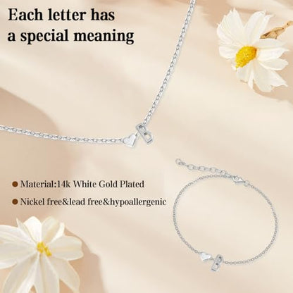 Gold Bracelets For Women Heart Initial Letter Pendant Necklace and Bracelet Set Personalized Jewelry Sets for Women Birthday Gifts for Mom Her Daughter Initial Necklace 14K Silver Plated - style: Silver-B