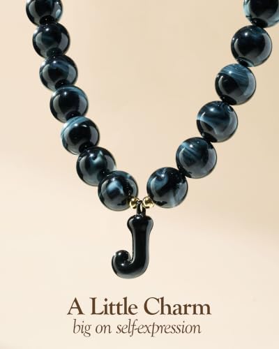 DoDoBeads Chunky Colorful Beaded Initial Necklace, Bubble Letter Choker | Gift box and dust pouch included; waterproof and sweat-resistant with real gold plated stainless steel hardware - color: Black-J