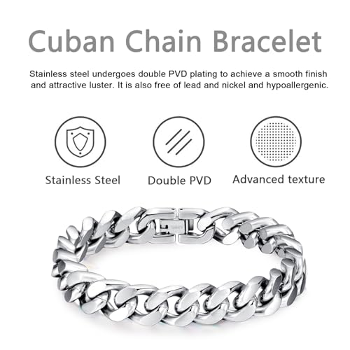 Mens Bracelet-Stainless Steel Fold Over Clasp Cuban Chain-Bracelets for Men - color: E-Silver