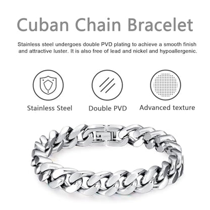 Mens Bracelet-Stainless Steel Fold Over Clasp Cuban Chain-Bracelets for Men - color: E-Silver
