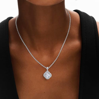 14K Gold Plated | 14K Platinum Plated Necklace for Women Necklace Earrings Set with Sparkling Zircon Inlay and Silver Post Earrings - color: Zircon square three-leaf flower set silver