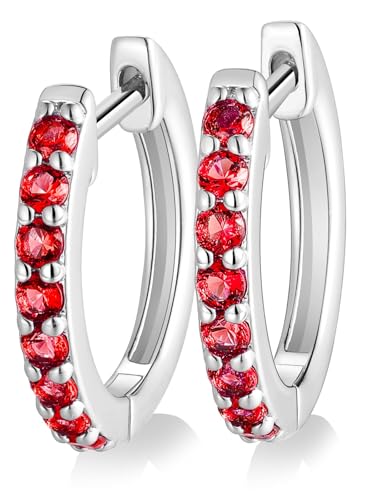 Chunky Emerald Sapphire Ruby Hoop Earrings, Princess or Round Cut, 14k Yellow Gold Plated Sterling Silver Cubic Zirconia Huggie Earings Minimalist Hoops Earrings for Women Wedding Daily Birthday - style: Round cut -Ruby -Silver