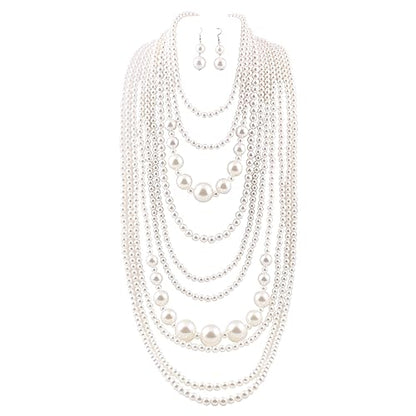 Multilayer Strand Chain Faux Pearls Flapper Beads Cluster Long Choker Necklace - color: White Necklace