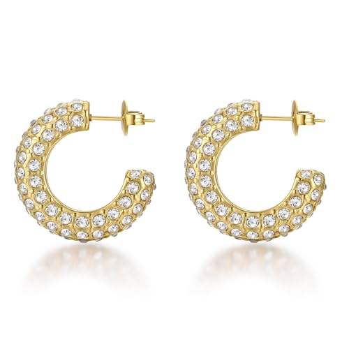 FRUMOS 18K Gold Plated Chunky Hoop Earrings for Women Fashion Thick Gold Hoops Set Jewelry for Birthday Christmas Gifts - color: Gold Full CZ Paved Hoop
