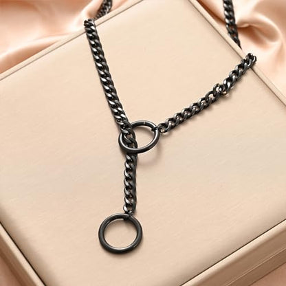 Heart O Ring Slip Chain Choker Necklace for Women Men Stainless Steel Cuban Chain Y-shape Necklaces Punk Rock Collar Adjustable Lariat Y Necklace Prom Necklaces Jewelry - color: Black Ring