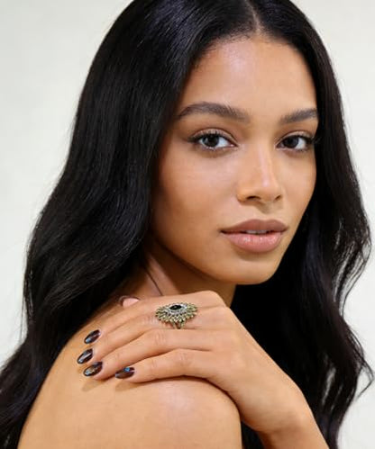 Boho Retro Rhinestone Ring Ethnic Big Flower Crystal Finger Ring Trendy Statement Tribal Indian Dance Costume Ring Jewelry for Women - color: Gold-black